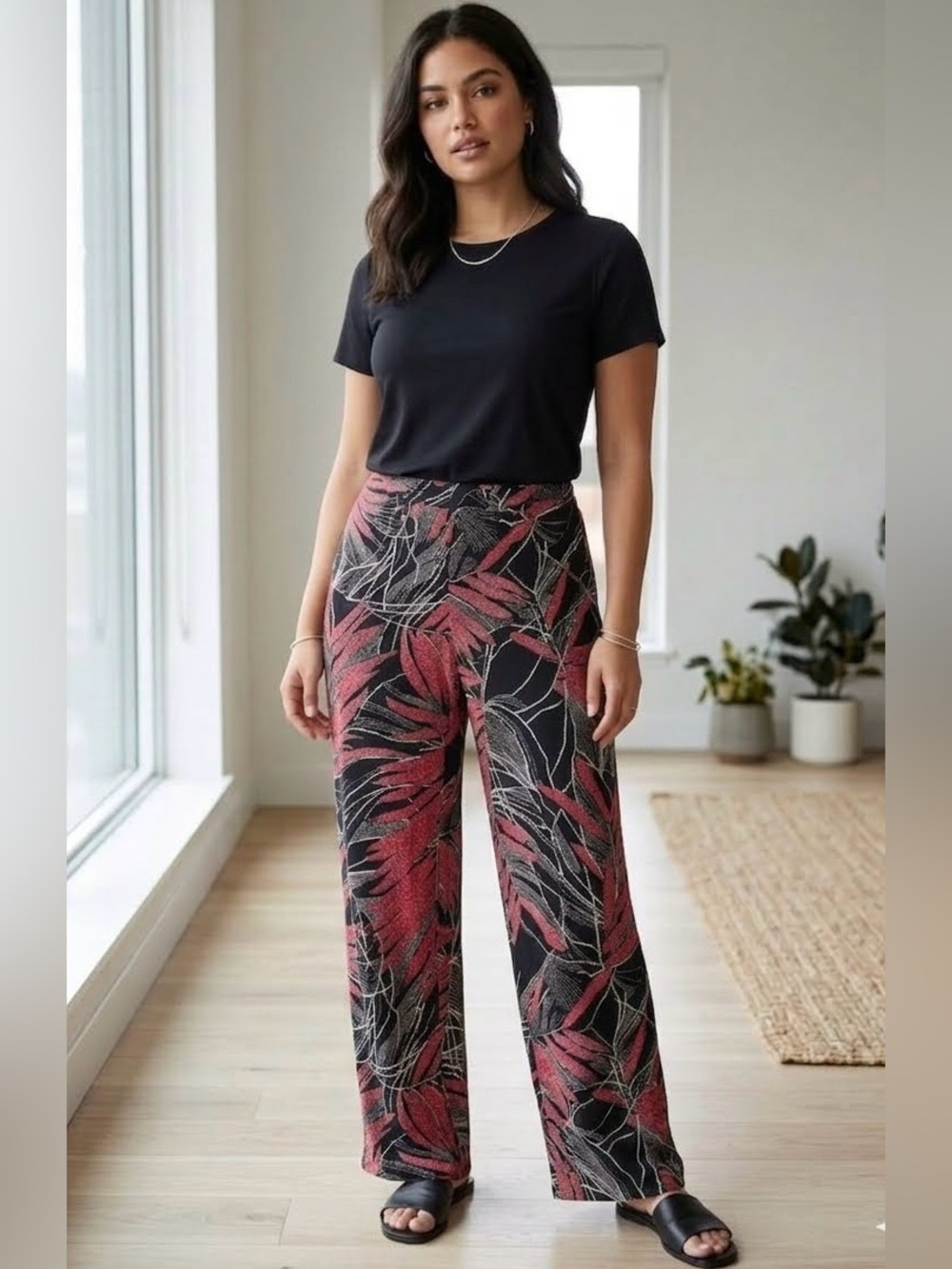 Susan Graver XL Wide Leg Pull-On Pants Black Red Leaf Print Pockets